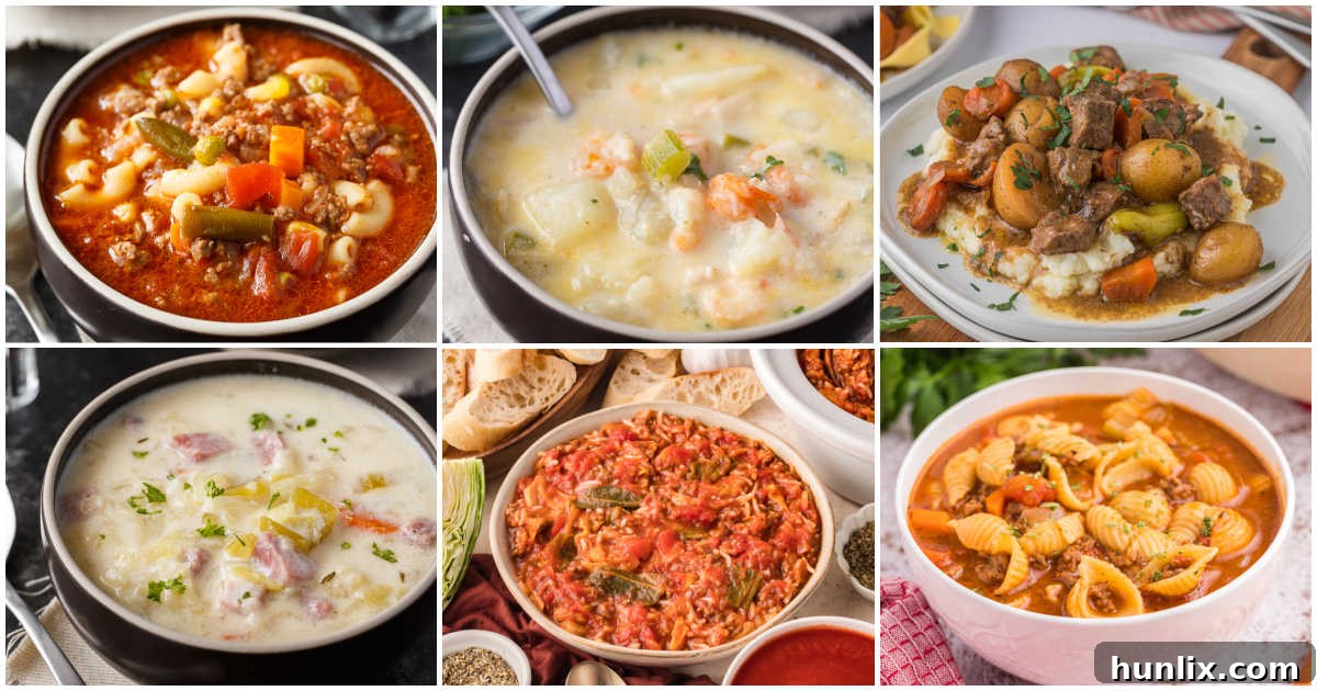 Comfort in a Bowl: Soups and Stews for Cold Days 2 A vibrant collage of various soups and stews, showcasing hearty ingredients and inviting textures, perfect for chilly weather.