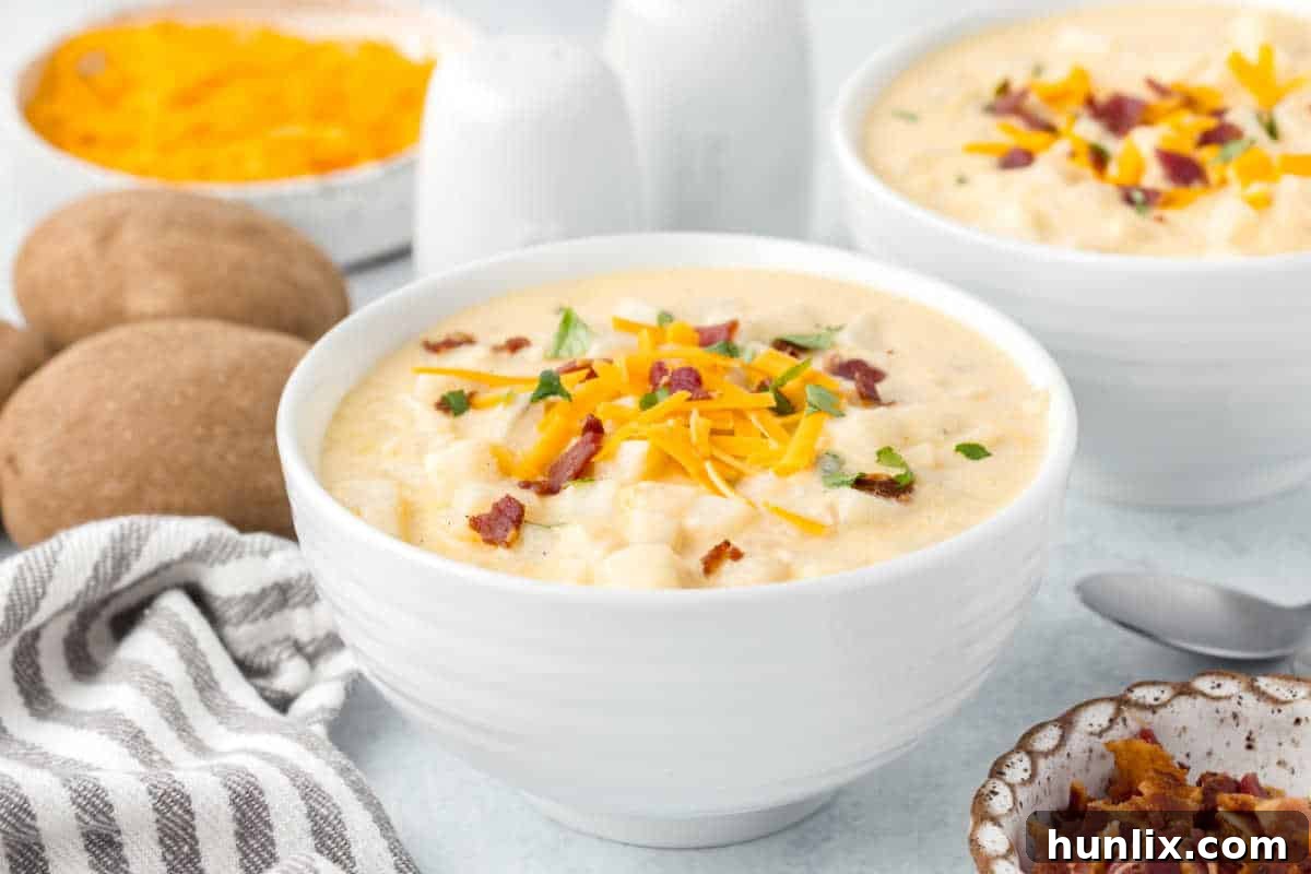 Comfort in a Bowl: Soups and Stews for Cold Days 10 A rich, creamy white bowl of Hash Brown Potato Soup.