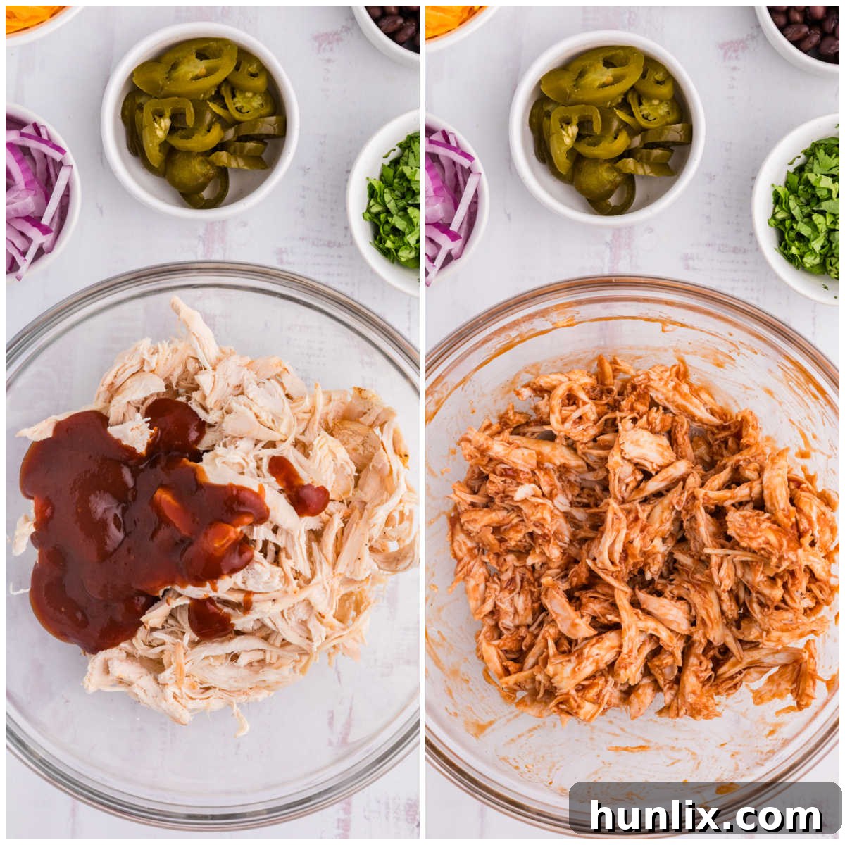 A collage of shredded chicken being mixed with BBQ sauce in a bowl.