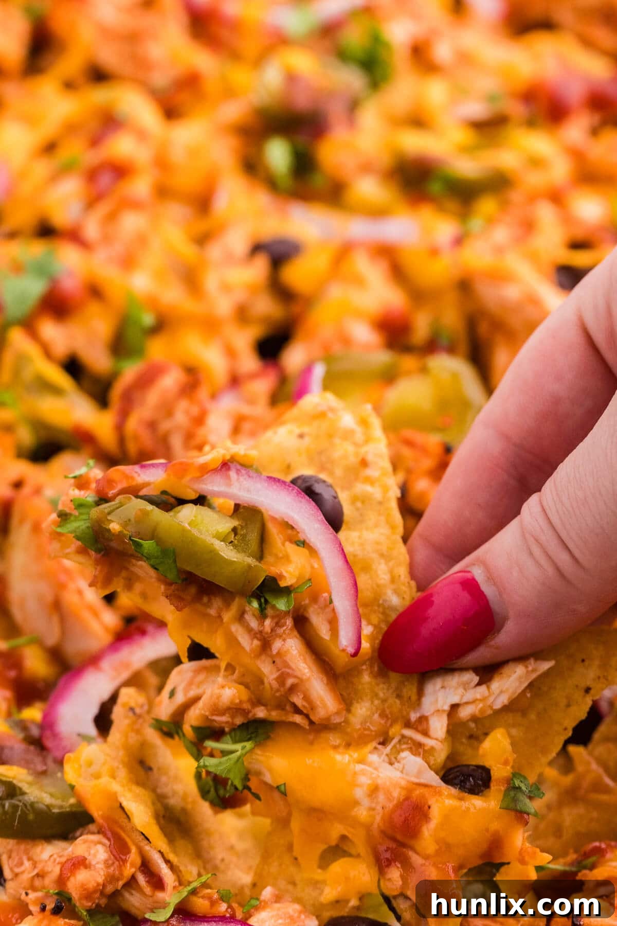 A hand holding a chip.