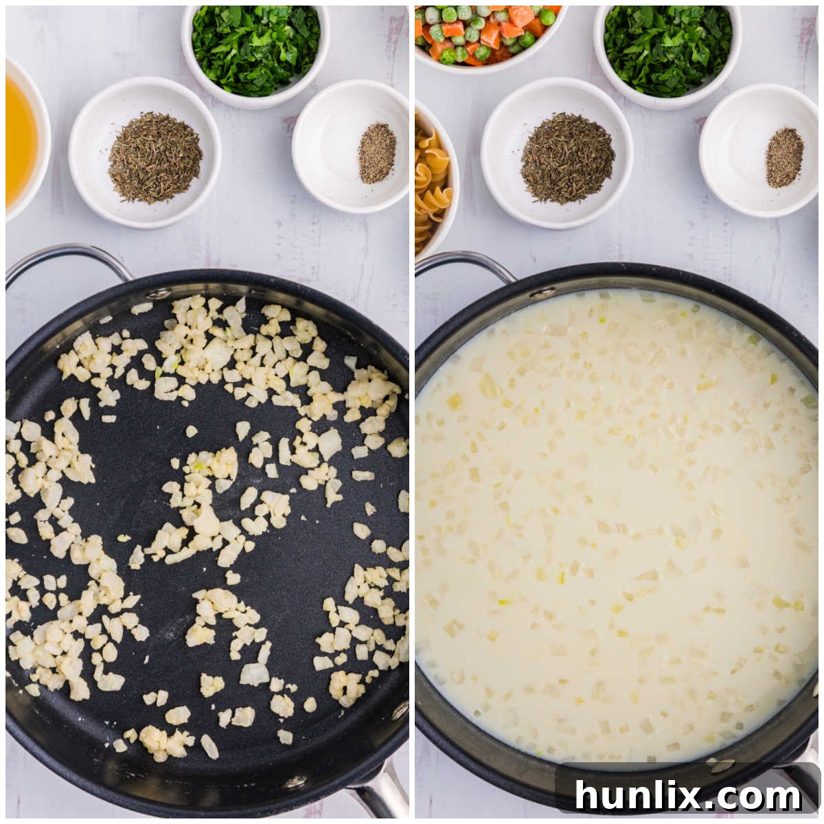 Collage of cooking ingredients in a skillet.
