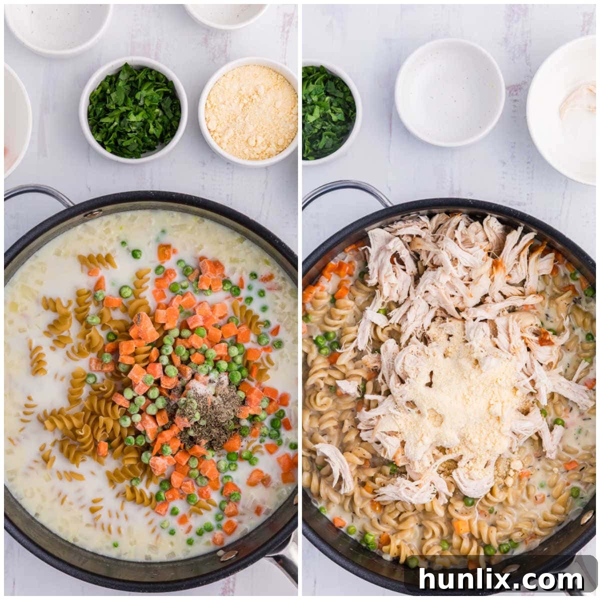 Collage of mixing ingredients in a skillet.