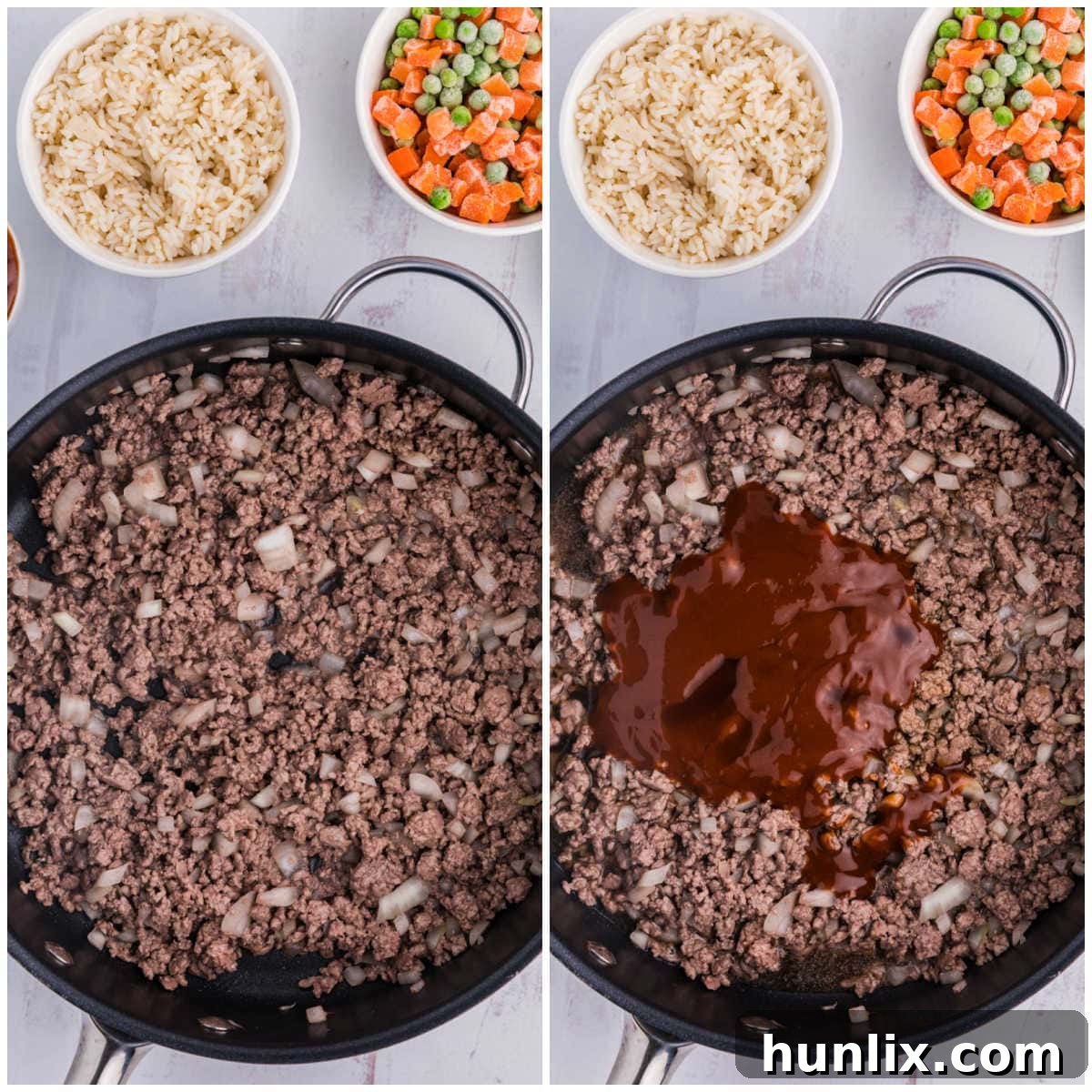 Easy Skillet BBQ Beef and Rice 4 Cooking ingredients simmering in a large skillet, building flavor.