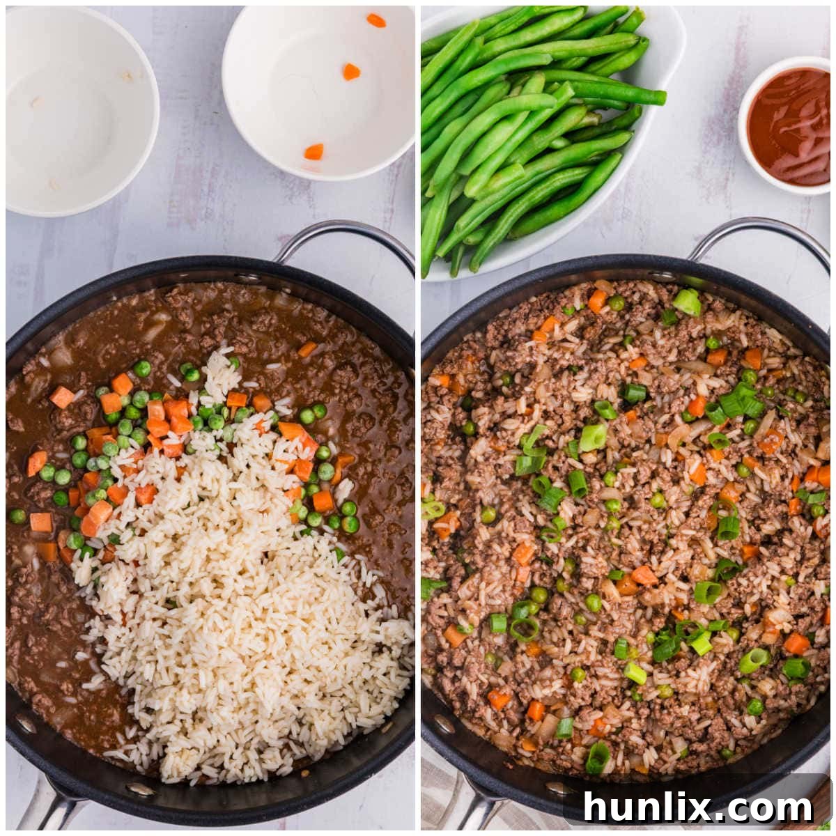 Easy Skillet BBQ Beef and Rice 5 All the ingredients combined and cooked in a large skillet, ready for serving.