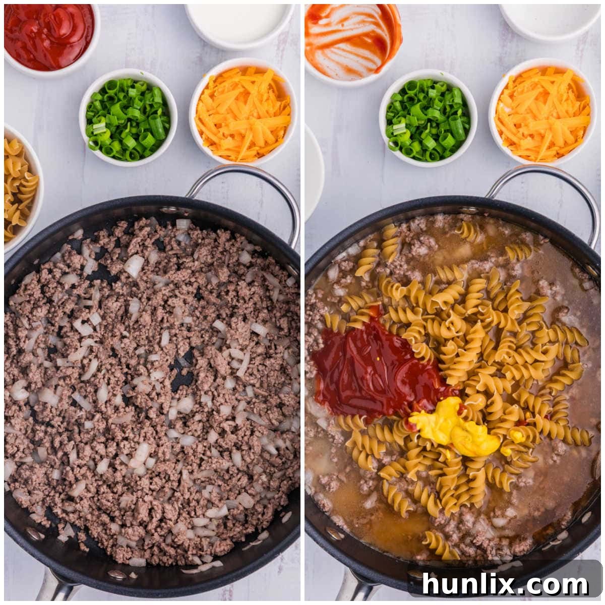 A collage showing the initial cooking steps in a skillet, including browning beef, adding garlic, and mixing in pasta and liquids.