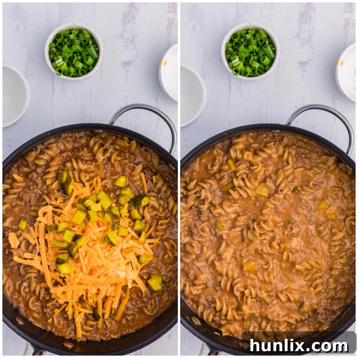 A collage depicting the final cooking stages of cheeseburger pasta, showing the melted cheese and a finished dish in the skillet.