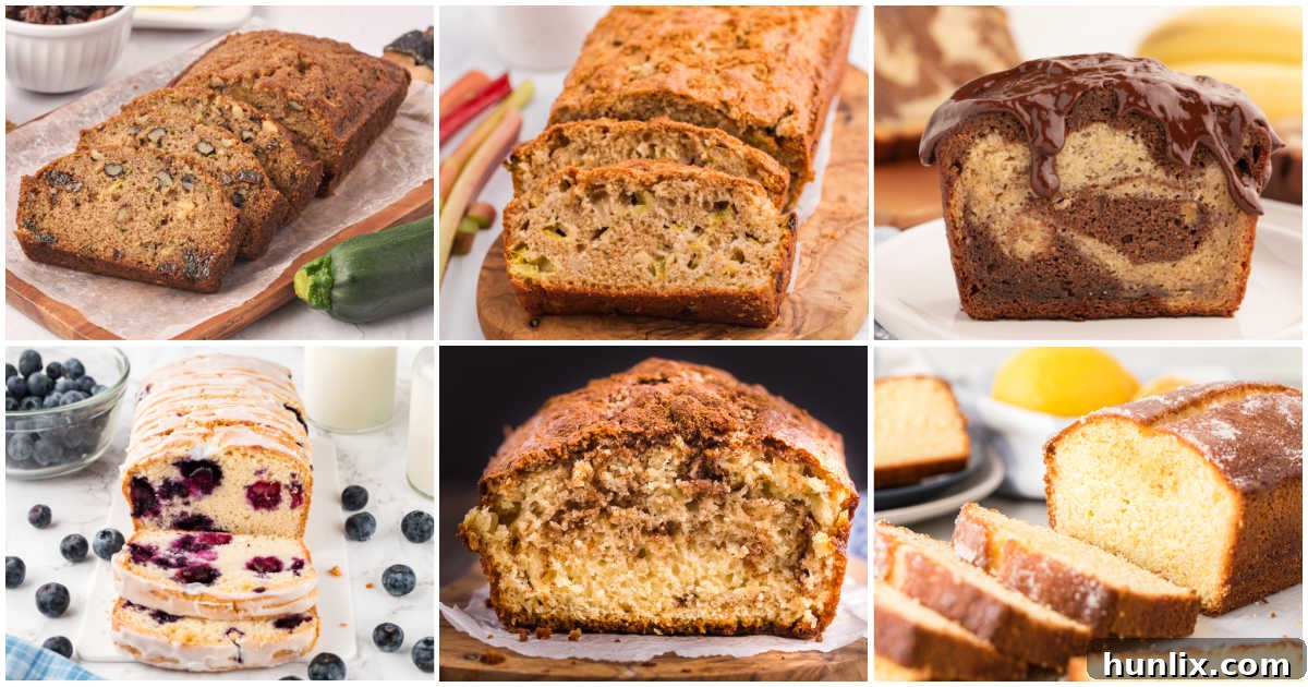 Collage of a variety of quick breads, including slices of banana bread, zucchini bread, and berry bread.