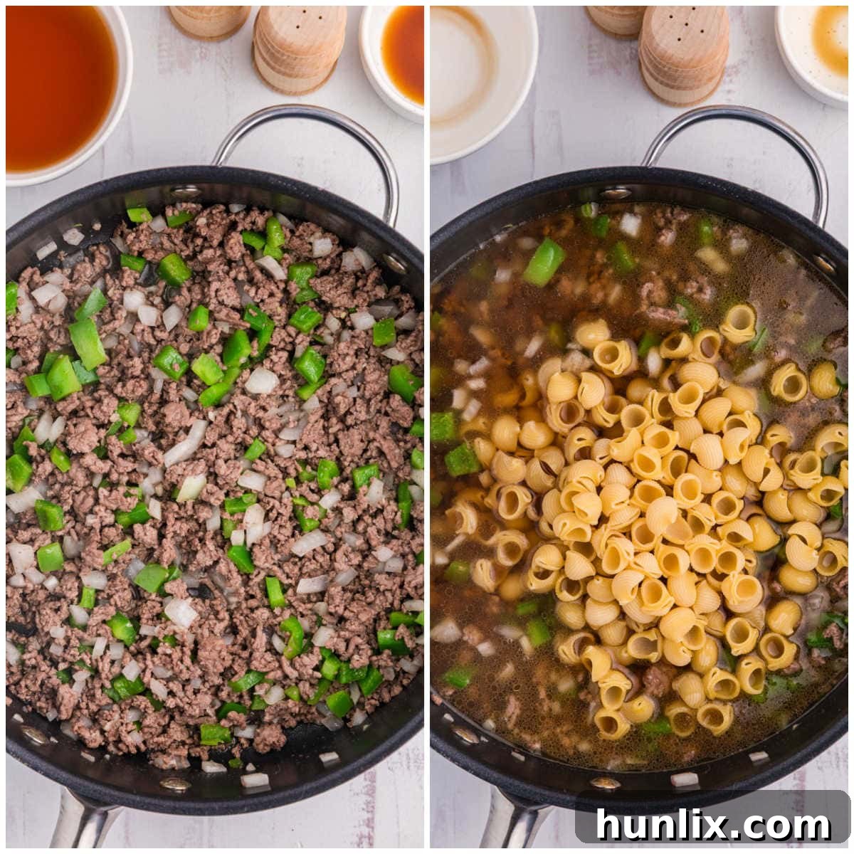 Cheesesteak Noodle Skillet 4 Collage of ingredients being cooked in a skillet, showing the step-by-step process.