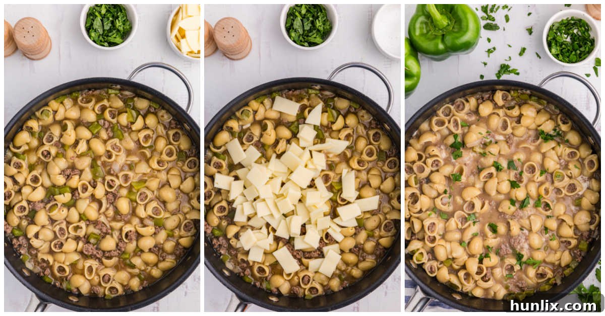 Cheesesteak Noodle Skillet 5 Collage of ingredients in a skillet, showing more prep steps.