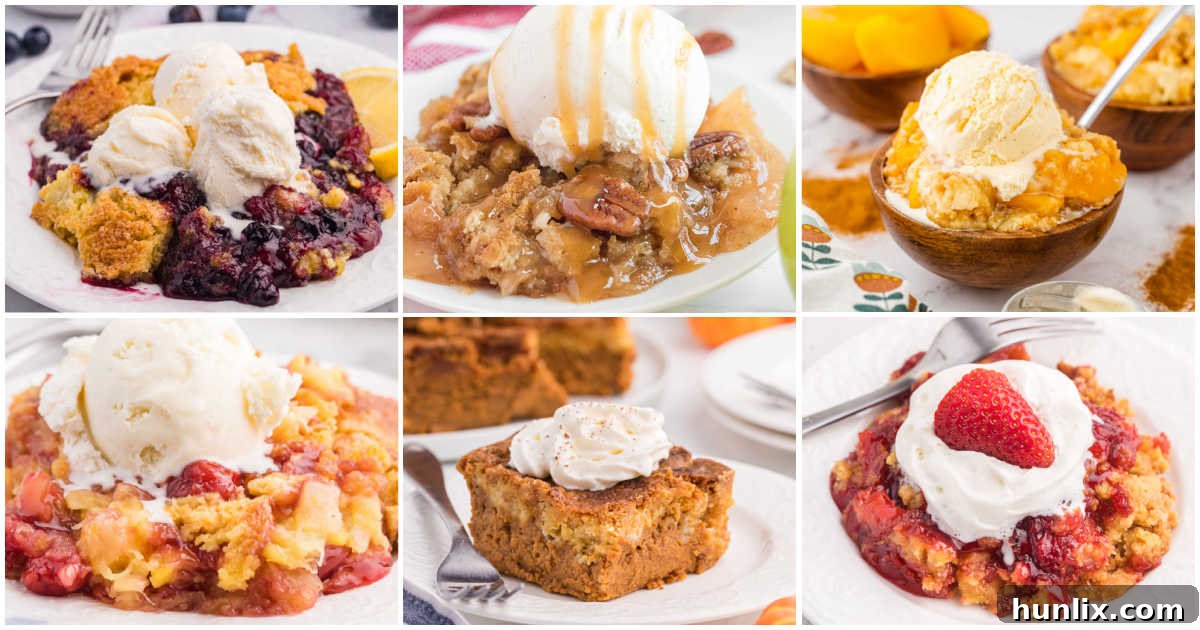 A vibrant collage showcasing various delicious dump cake creations, including fruit, chocolate, and seasonal variations, all ready to be devoured.