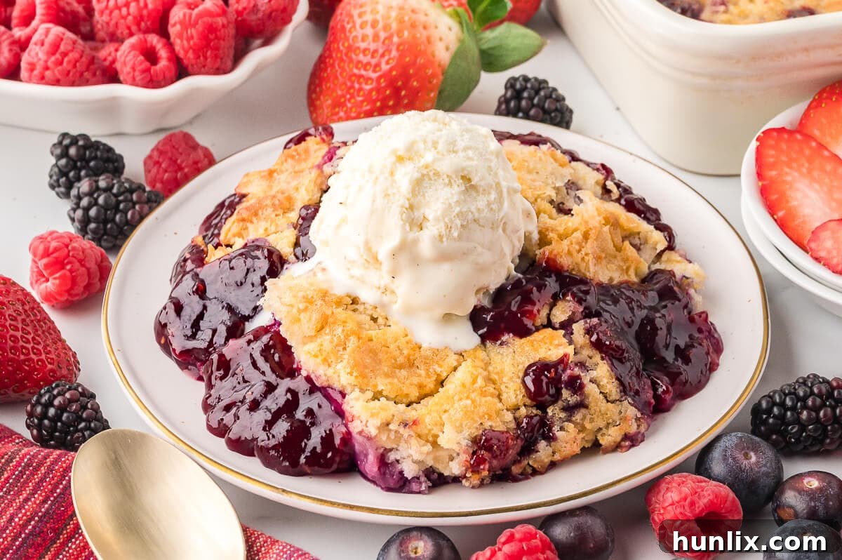 A slice of golden-brown Cake Mix Cobbler on a white plate, generously topped with a melting scoop of vanilla ice cream, showcasing its warm, inviting appeal.