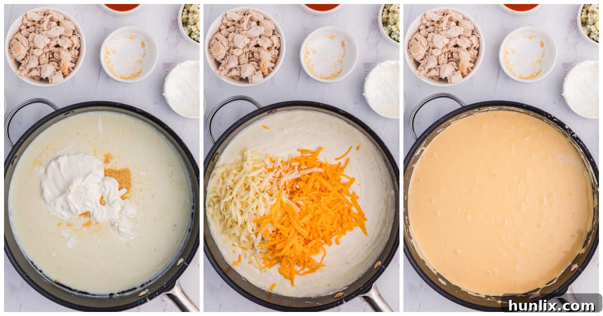 A visual guide showing a collage of steps for making the creamy cheese sauce, including melting butter, whisking in flour, and stirring milk until thickened.