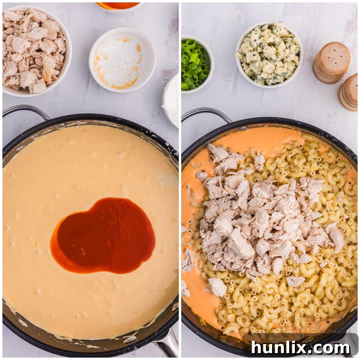 A step-by-step collage demonstrating the final stages of preparing Buffalo Chicken Mac and Cheese, including mixing the cooked chicken and macaroni into the rich, spicy cheese sauce in a large pot.