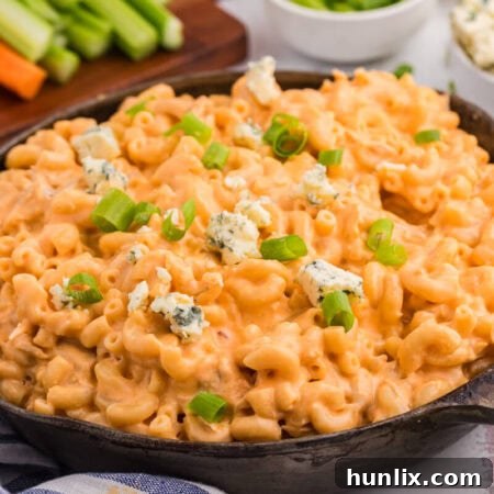 The finished Buffalo Chicken Mac and Cheese served in a pan.