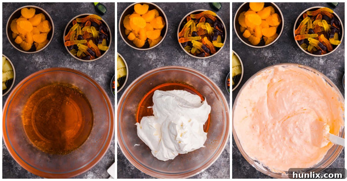 A two-part collage showing the initial steps of preparing Halloween Fluff Salad: first, dissolving gelatin in a clear bowl, and second, gently folding creamy Cool Whip into the thickened gelatin mixture to create a smooth base.