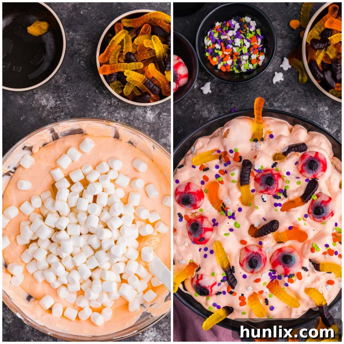 A collage demonstrating the final stages of preparing Halloween Fluff Salad: one image shows mini marshmallows, pineapple, and mandarin oranges being mixed into the creamy base, while the other displays the finished salad artfully garnished with candy eyeballs and gummy worms before serving.