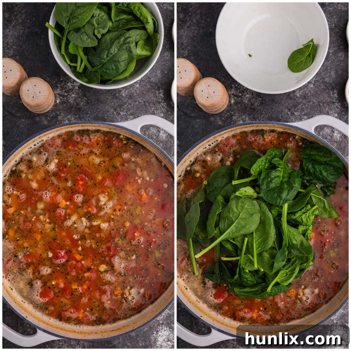 Collage showing later cooking steps, including adding spinach.