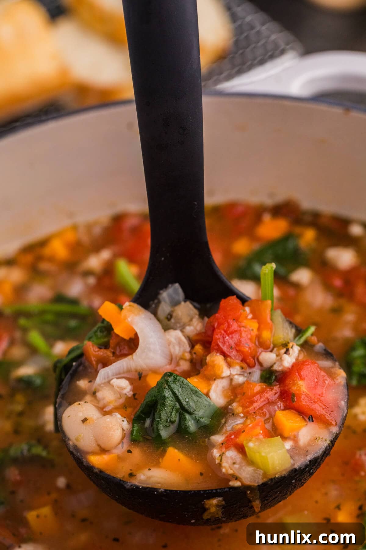 A ladle serving a portion of the soup.