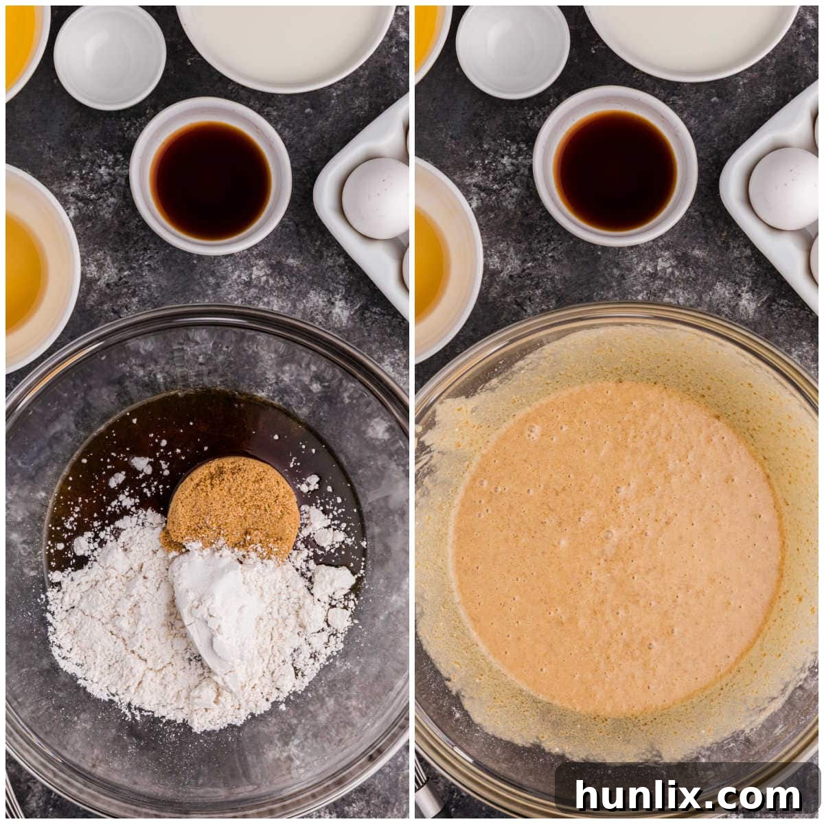 Maple Magic Pie 4 A collage showing the process of mixing dry ingredients in a bowl and then adding wet ingredients to form a thin batter.