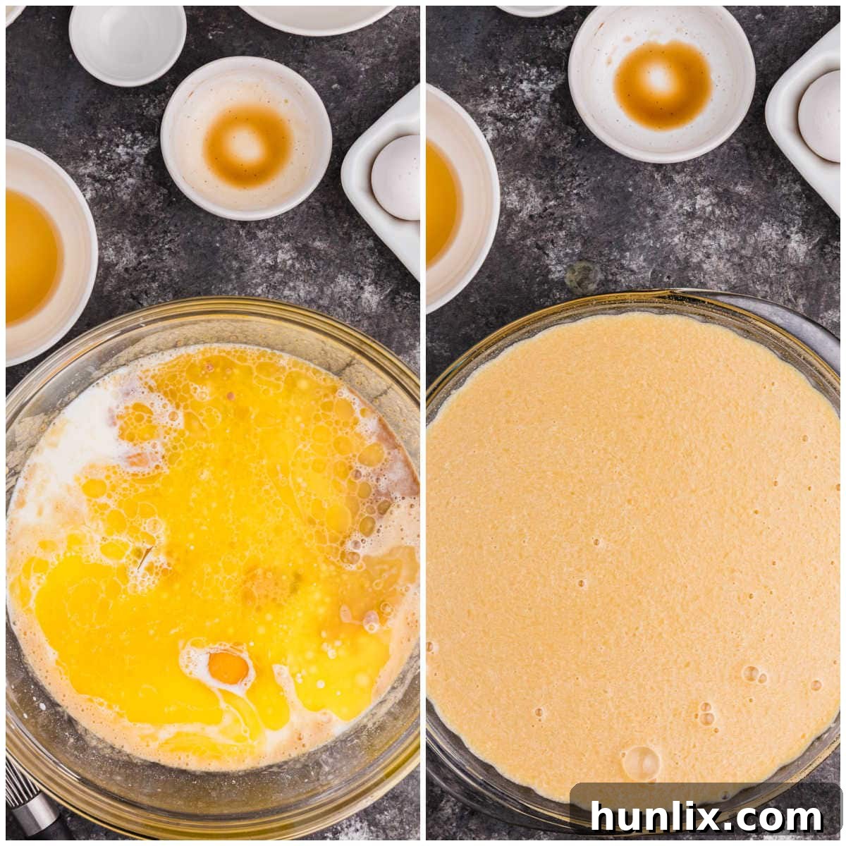 Maple Magic Pie 5 A collage demonstrating the steps of whisking ingredients in a bowl and then pouring the thin batter into a pie plate ready for baking.