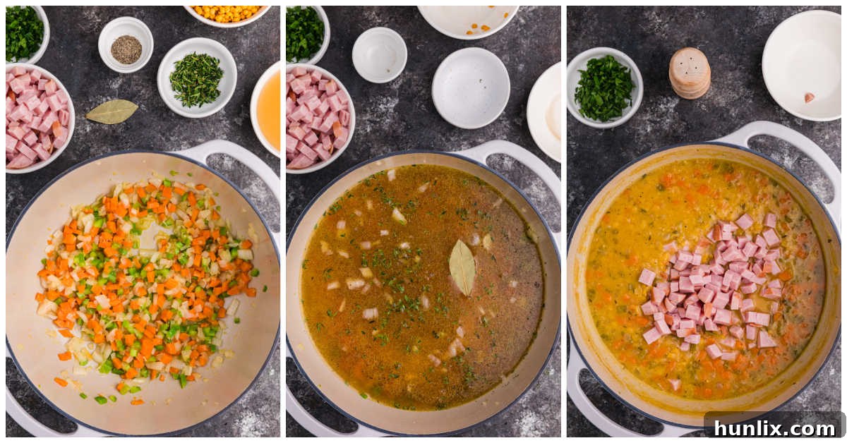 Wholesome Split Pea Warmth 4 A visual collage showing the step-by-step process of cooking Split Pea Soup in a pot, from sautéing vegetables to simmering with peas and ham.
