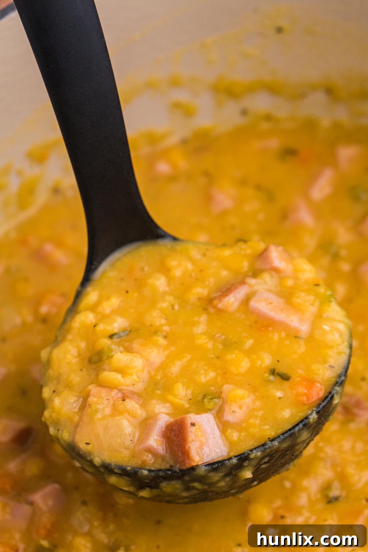 Wholesome Split Pea Warmth 5 A ladle filled with homemade split pea soup, showcasing its thick, hearty texture and chunks of vegetables and ham.