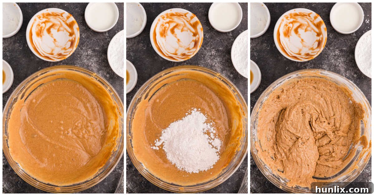 Collage showing the gradual incorporation of dry ingredients into the wet batter, mixed until just combined.