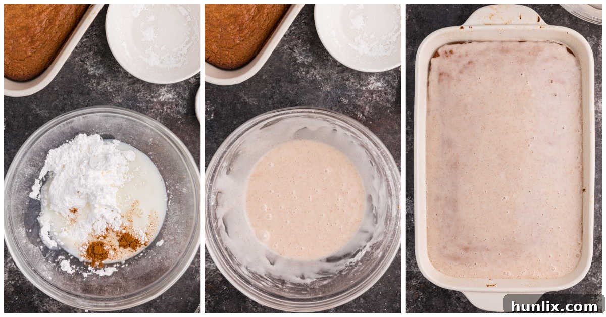 Collage showing the preparation of the cinnamon glaze and drizzling it over the cooled Apple Butter Cake.