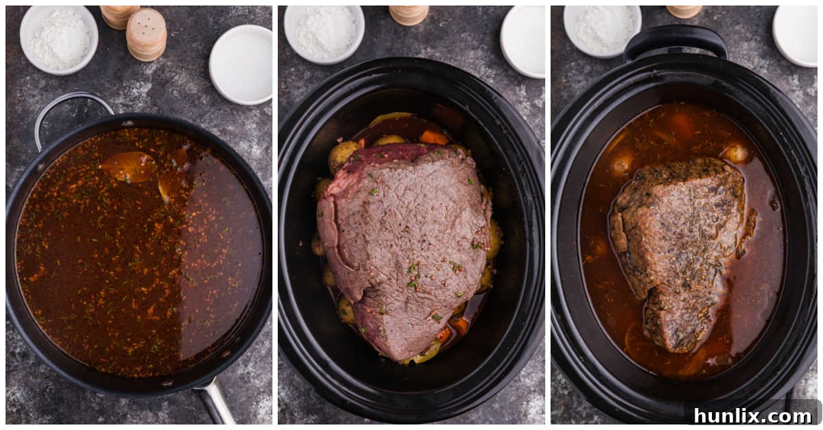 Fall Apart Slow Cooker Pot Roast 5 Three-step collage showing broth mixture in a pan, the liquid poured over the roast and vegetables in a slow cooker, and the roast fully cooked and simmering in rich gravy.