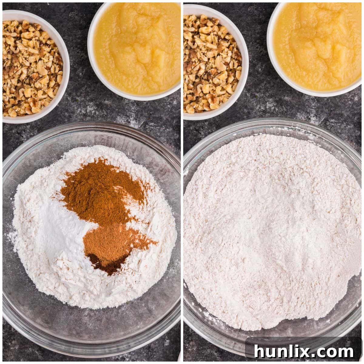A collage showing dry ingredients like flour and spices in a mixing bowl, ready to be combined for the applesauce cake.