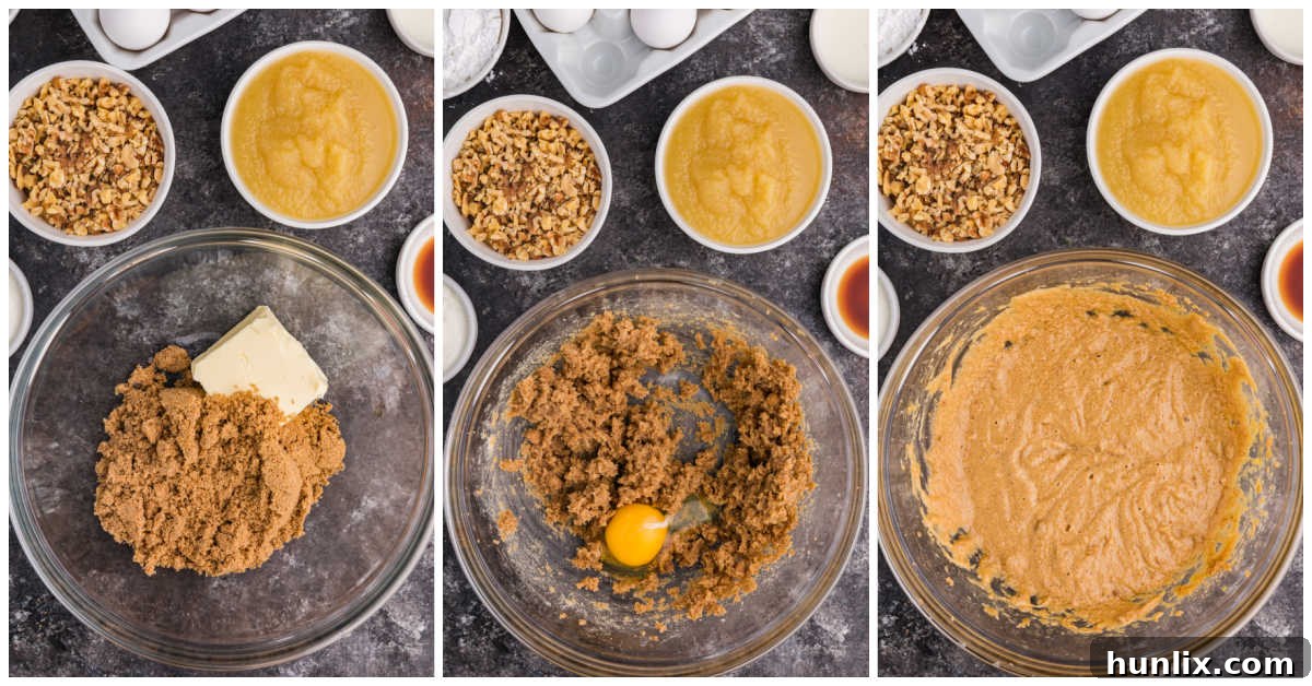 A collage showing wet ingredients, including butter, brown sugar, and eggs, being mixed together in a large bowl, creating a creamy batter.
