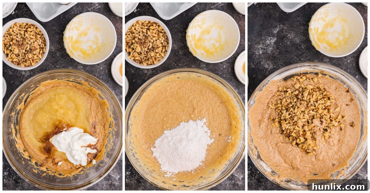 A collage illustrating the process of combining wet and dry ingredients in a mixing bowl, showing the batter taking shape before baking.