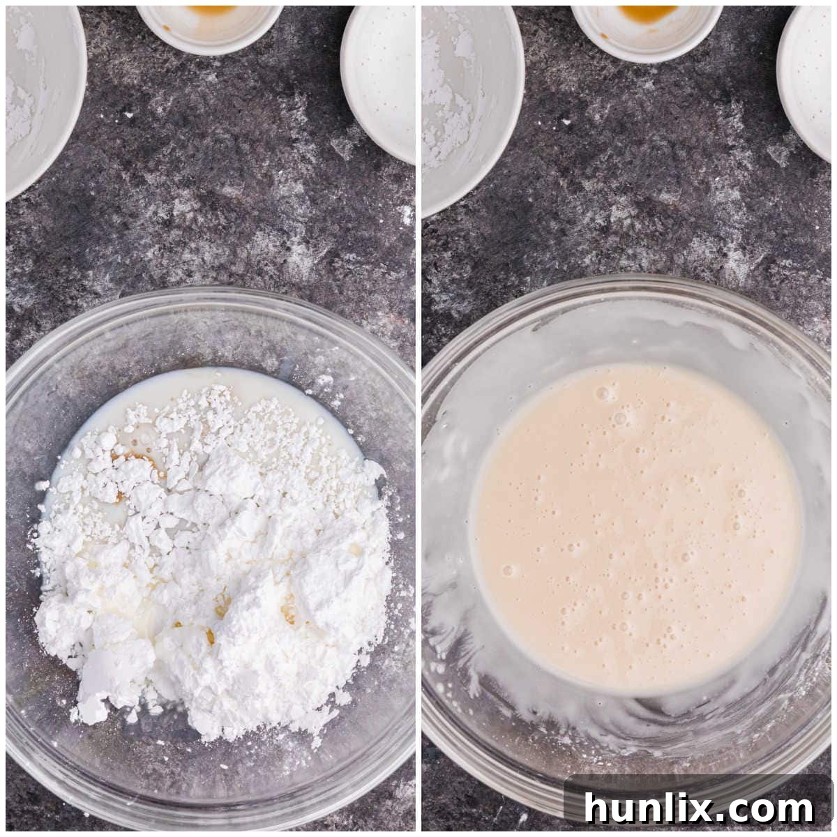 A collage illustrating the preparation of the vanilla glaze in a mixing bowl, showing the smooth, pourable consistency.