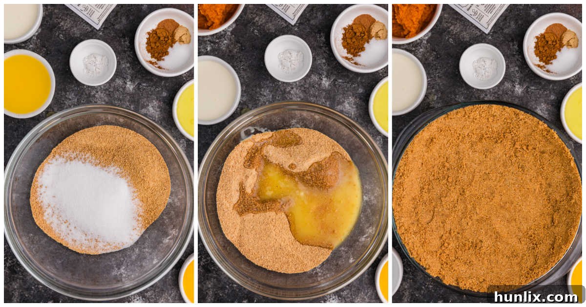 Whipped Pumpkin Delight 4 Collage of making the graham cracker crust for a pumpkin chiffon pie.