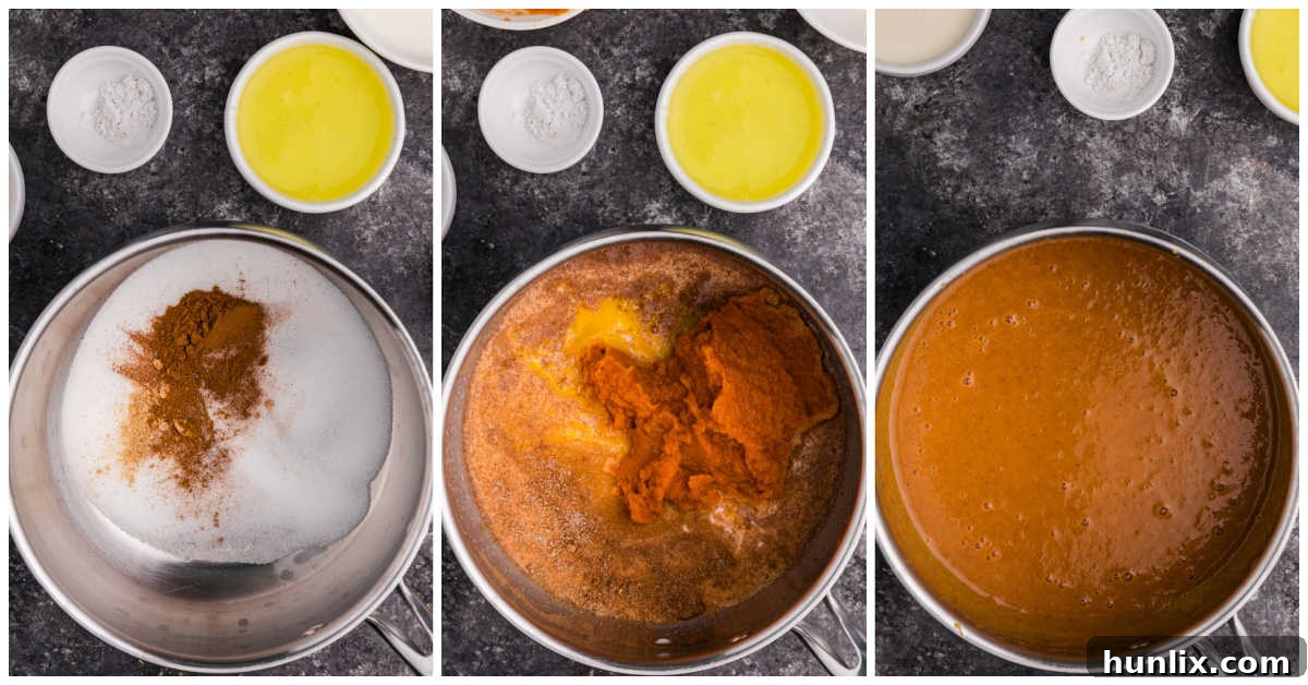 Whipped Pumpkin Delight 5 Collage of cooking the pumpkin chiffon pie filling in a saucepan.