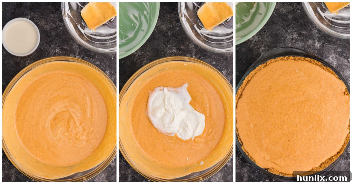 Whipped Pumpkin Delight 8 Collage of mixing ingredients for the pumpkin chiffon pie filling and pouring into the pie crust.