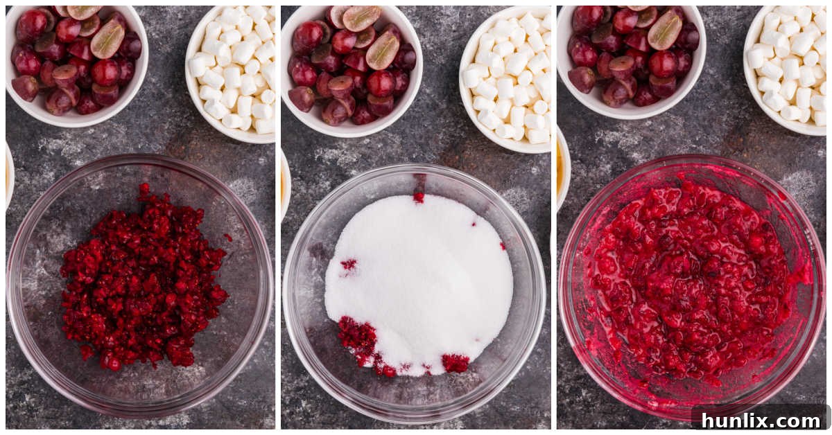 A collage demonstrating the initial preparation steps for Cranberry Fluff Salad, showing finely chopped cranberries in a bowl, and sugar being added, ready for maceration.