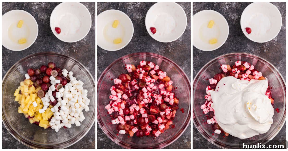 A collage showcasing the mixing process of Cranberry Fluff Salad, with various ingredients combined in a bowl, demonstrating the creamy and fluffy texture as Cool Whip is folded in.