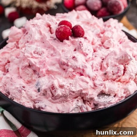 A vibrant pink whipped holiday dessert in a black bowl, garnished with sugared cranberries, presented on a wooden board with scattered mini marshmallows, frosted berries, and a red and green plaid napkin, creating a festive display.