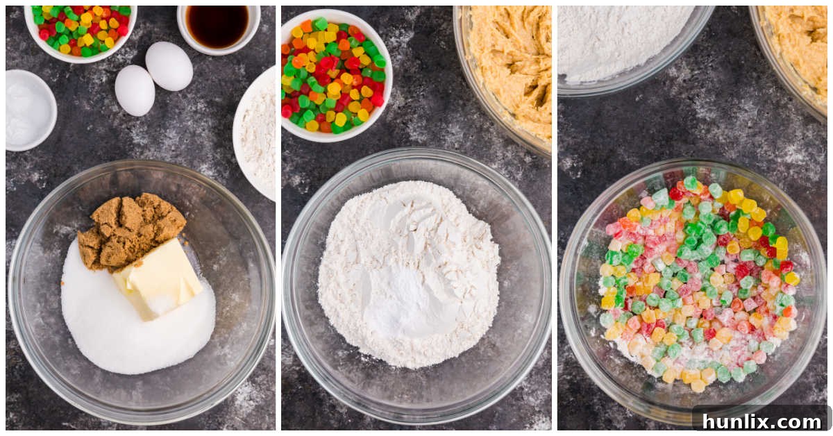 Festive Gumdrop Gems 4 Collage showing steps of mixing butter and sugars, then adding eggs and vanilla extract in a large bowl.