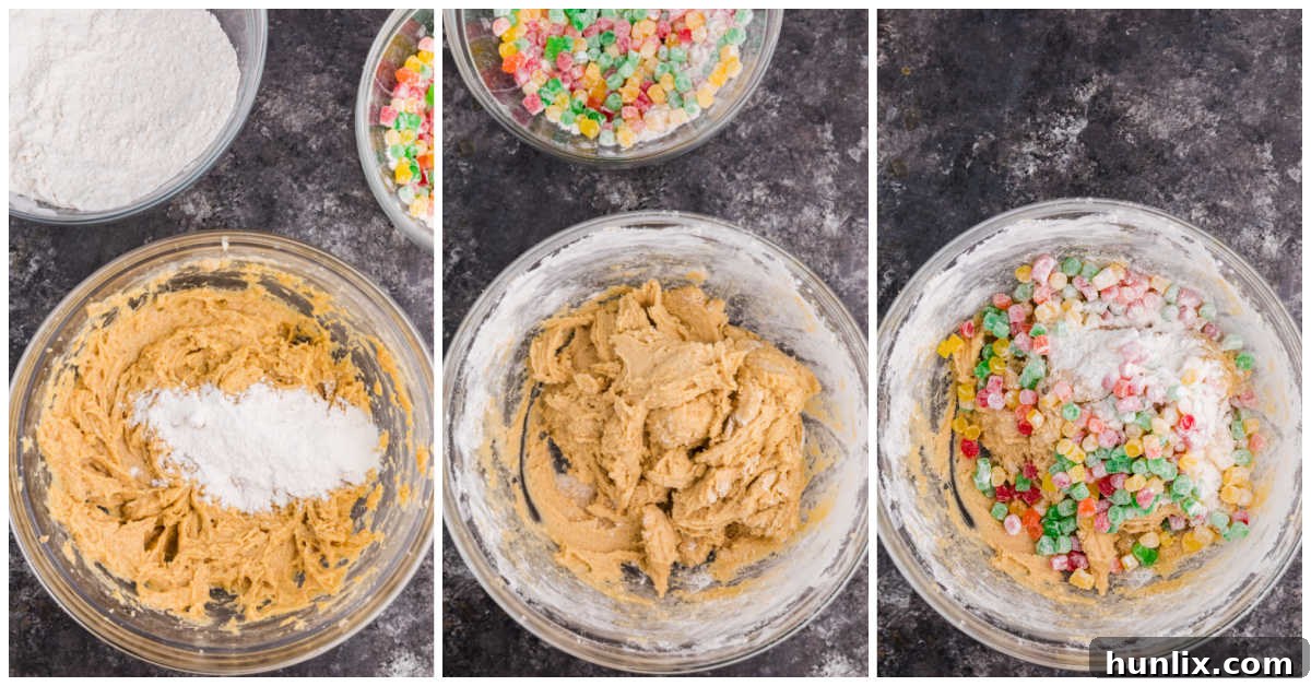 Festive Gumdrop Gems 5 Collage showing steps of mixing dry ingredients, then tossing gumdrops with flour and folding them into the cookie dough.