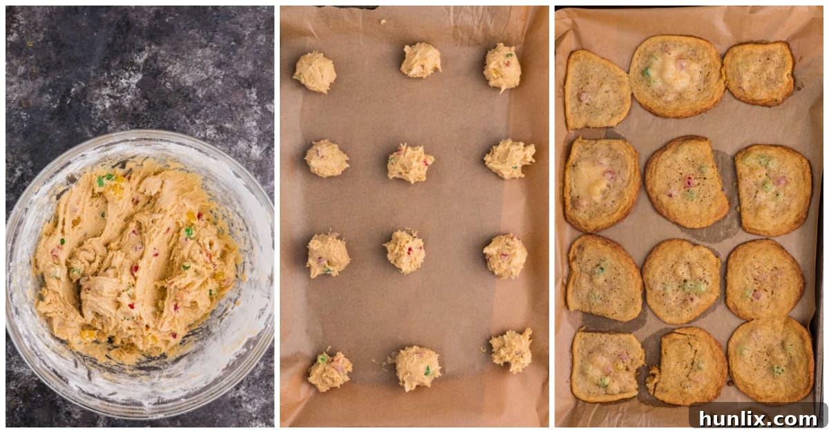 Festive Gumdrop Gems 6 Collage showing cookie dough scooped onto a baking sheet, and then the final baked golden brown gumdrop cookies.