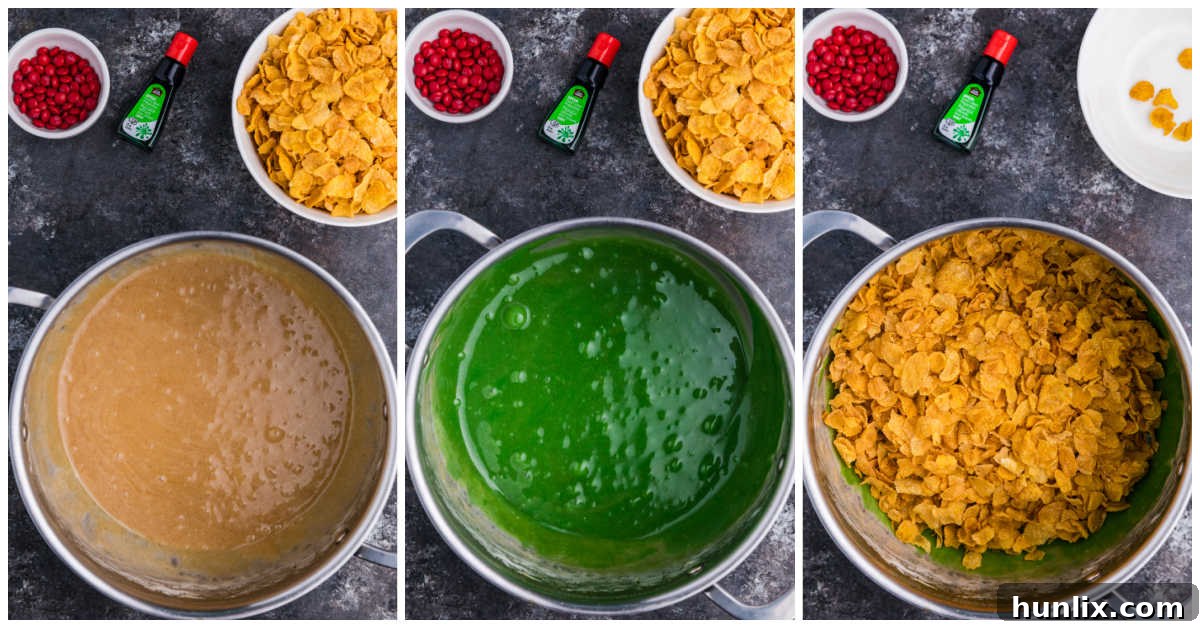 Crispy Cereal Wreaths 4 Collage of ingredients in a pot, showing butter melting, marshmallows melting, and the green mixture being prepared.