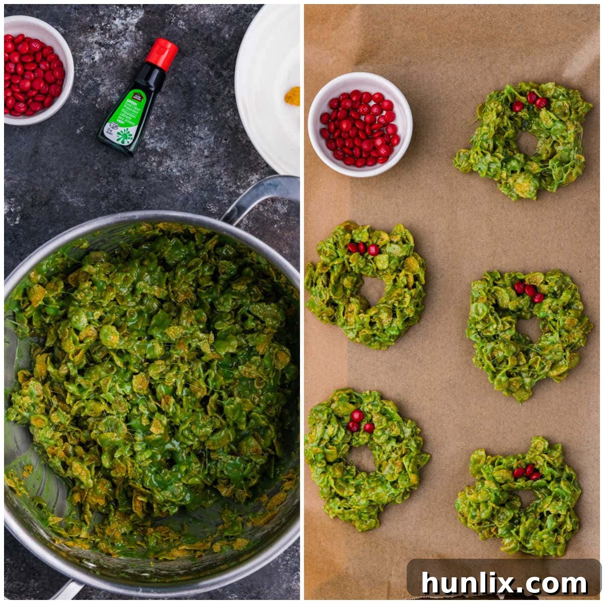 Crispy Cereal Wreaths 5 Collage of the ingredients in a saucepan and shaped green cornflake wreaths laid out on parchment paper with red M&M candies.