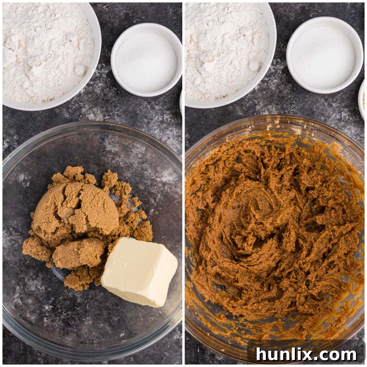 A collage showing the initial steps of mixing ingredients for ginger molasses cookies in a bowl.