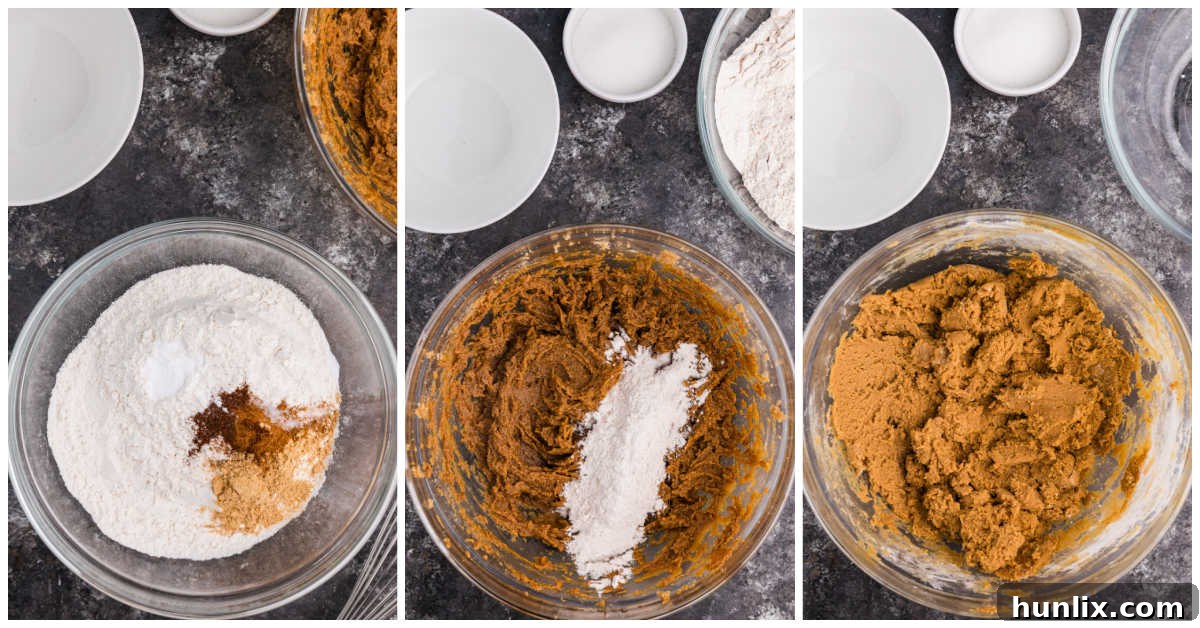 A collage demonstrating the process of mixing dry and wet ingredients to form cookie dough.
