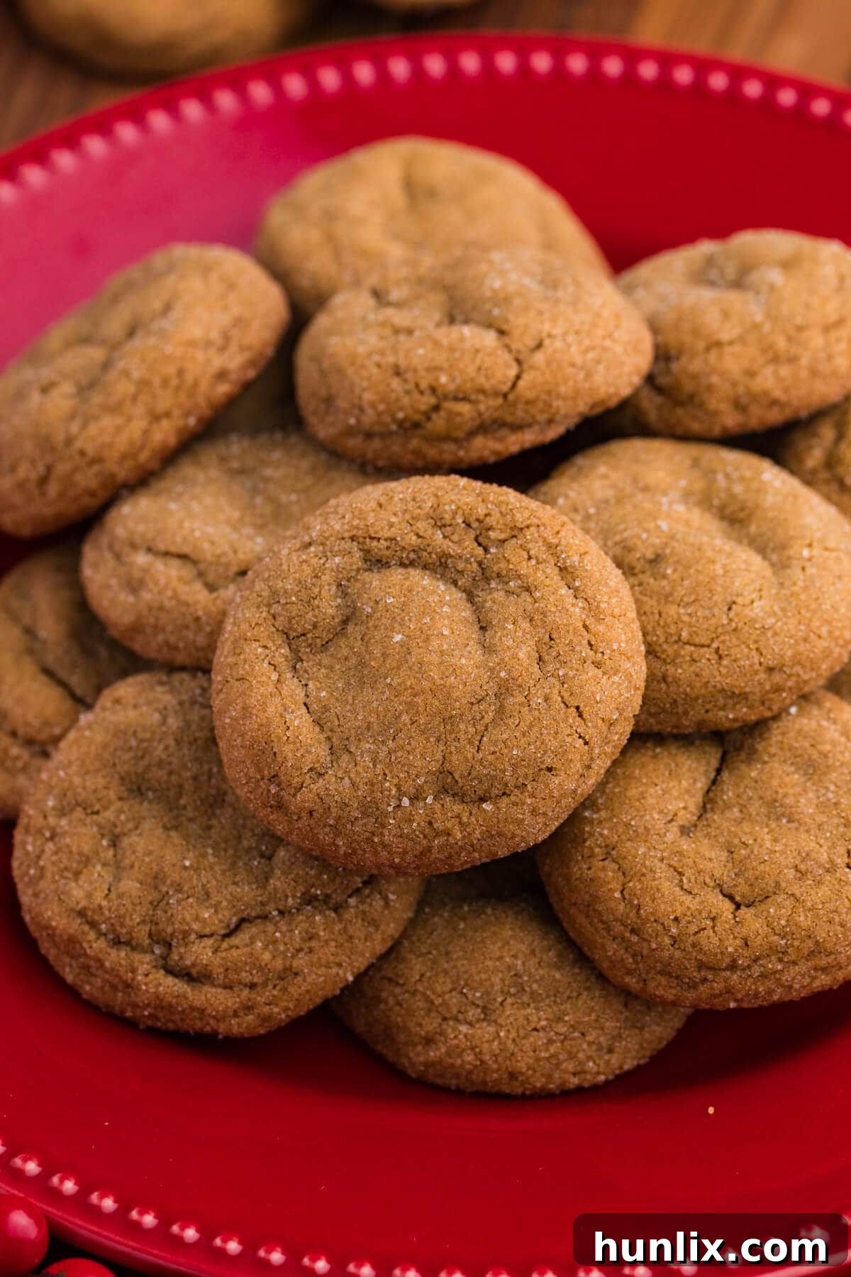 A beautifully textured ginger molasses cookie on a light background, highlighting its soft center and crackled sugar coating.