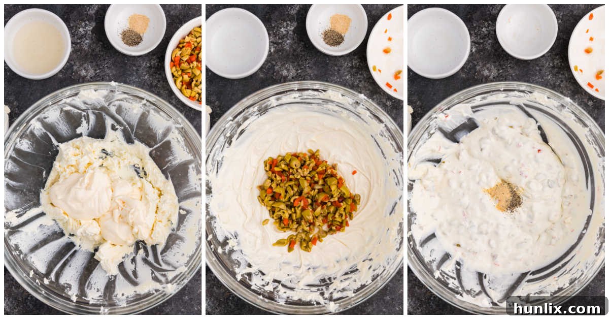 A visual collage showing the step-by-step process of mixing ingredients in a bowl to create the creamy olive dip. Images include softened cream cheese, adding mayonnaise, folding in chopped olives, and the final stirred mixture.