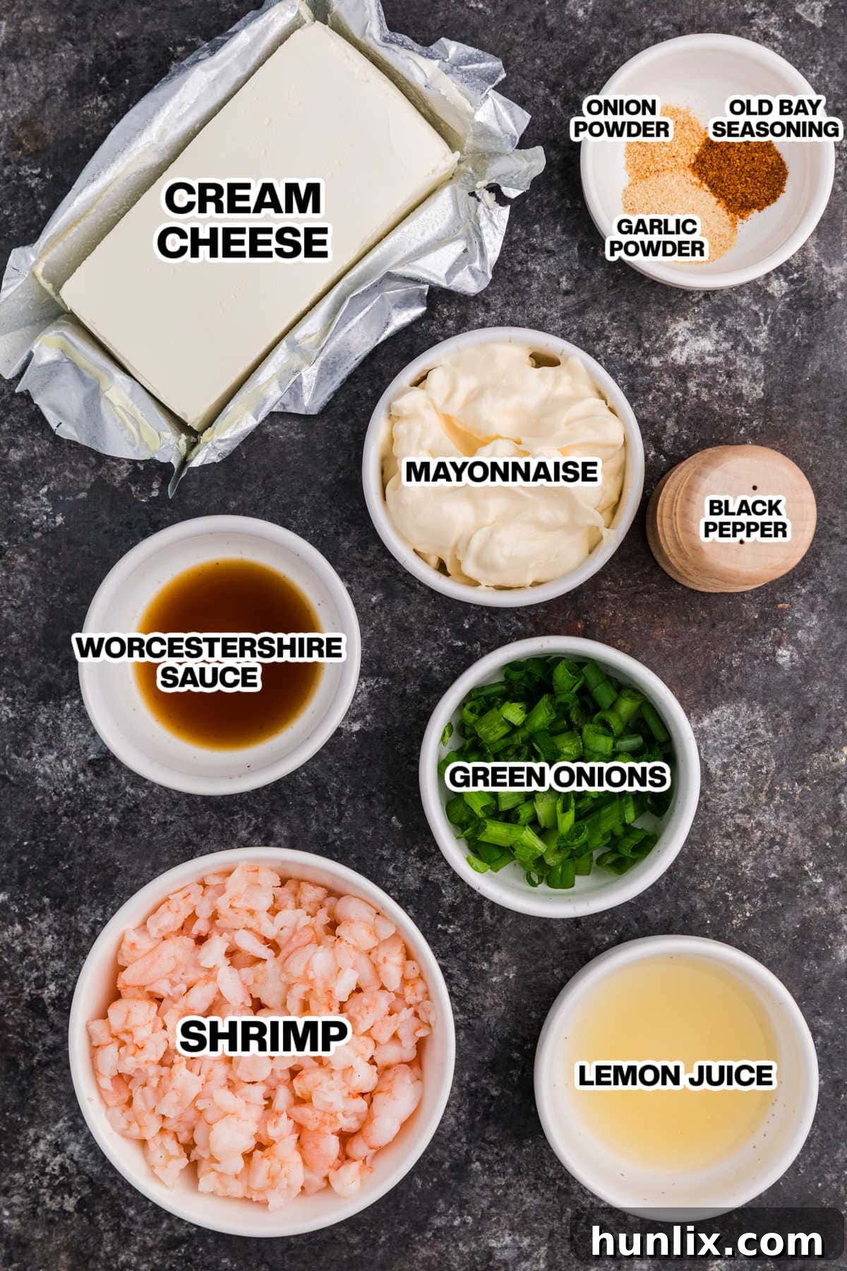 Irresistible Shrimp Dip 3 Ingredients on a dark background.