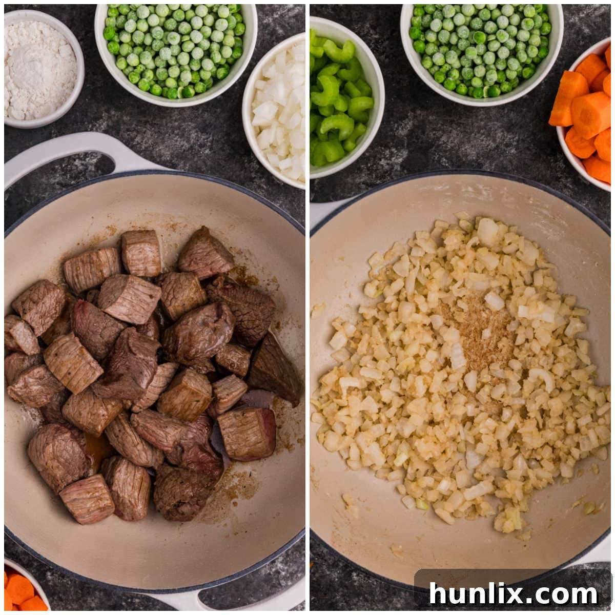 A cooking montage showing different stages of beef stew preparation, including sautéing onions and adding flour in a large pot on a stovetop.